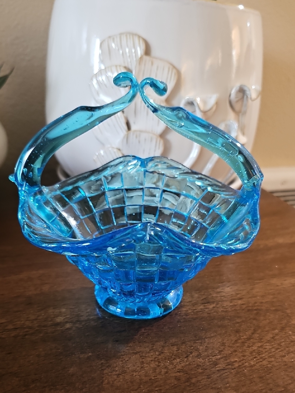 Vintage Blue Pressed Glass basket Dish
